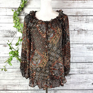 Miss Me Blouse Tunic size Small Black Brown Retro Sheer Ruffles Boho Peasant